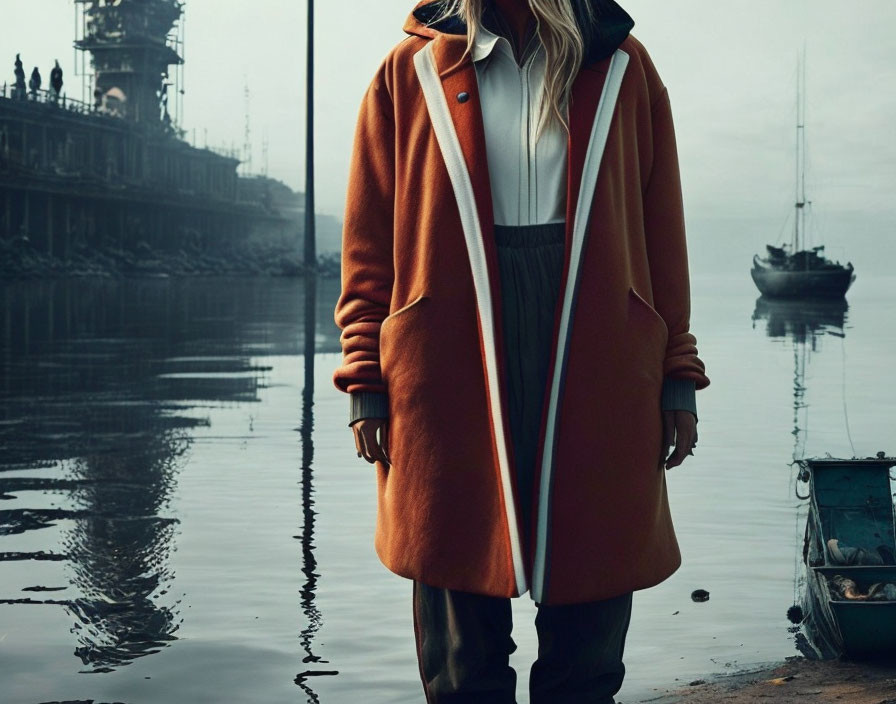 Stylish Person in Orange Coat by Serene Waterbody