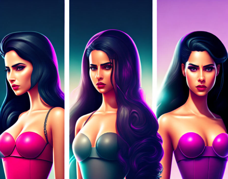 Three stylized artistic portraits of a woman with flowing hair in pink, purple, and blue hues showcasing