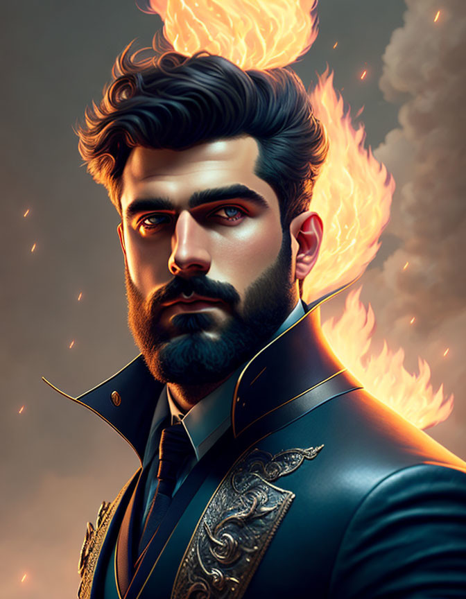 Stylized portrait of a man with beard and styled hair in ornate uniform with flames.