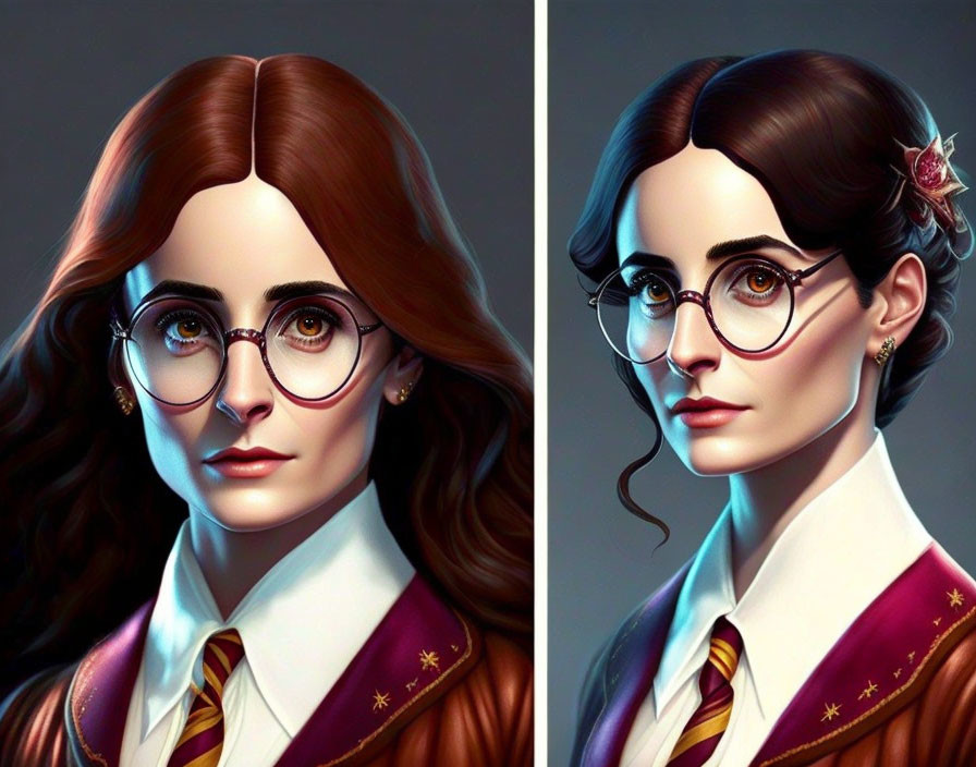 Stylized female characters with glasses in magical ambiance