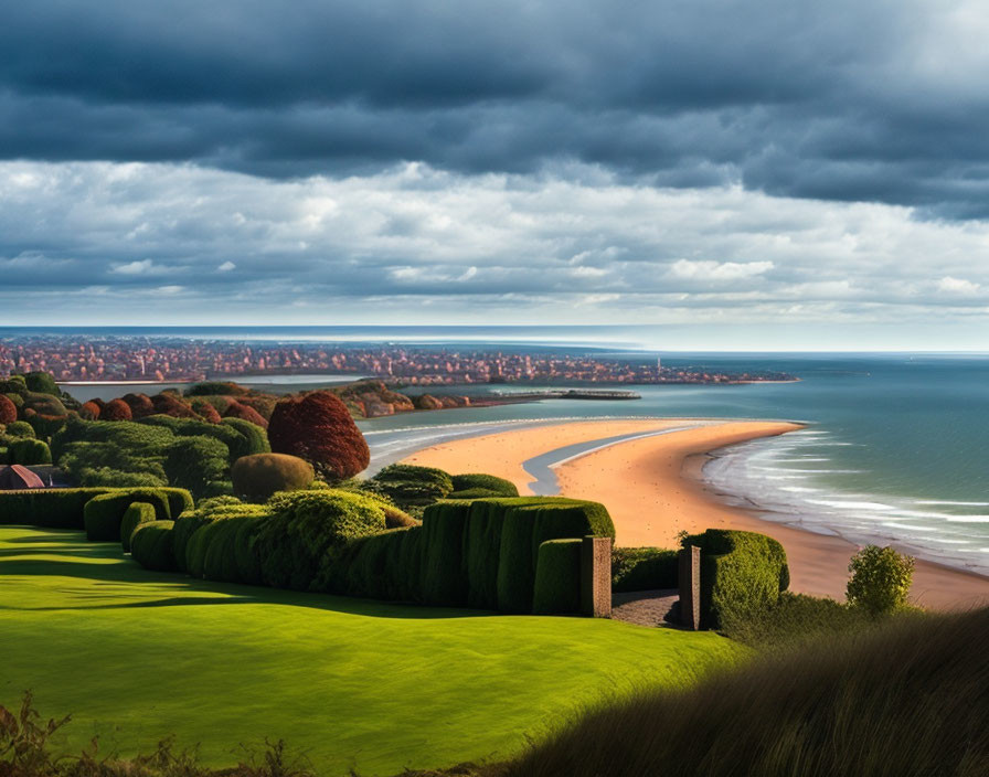 Tranquil seafront landscape with green golf course overlooking sandy beach