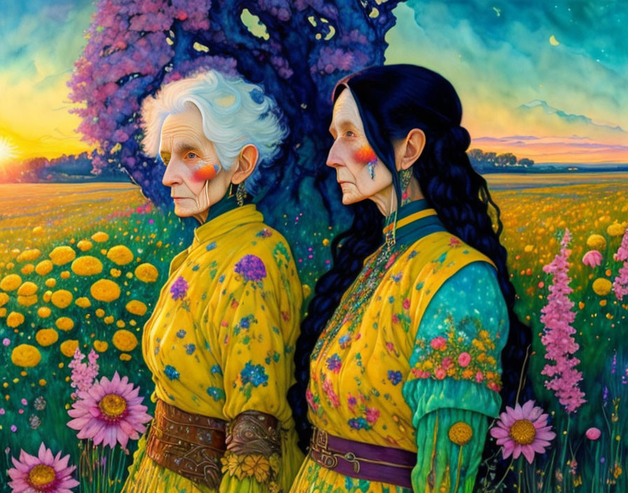 Elderly women in traditional clothes by colorful flower field