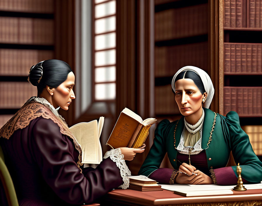 Vintage-clad women converse in library with wooden shelves and bell