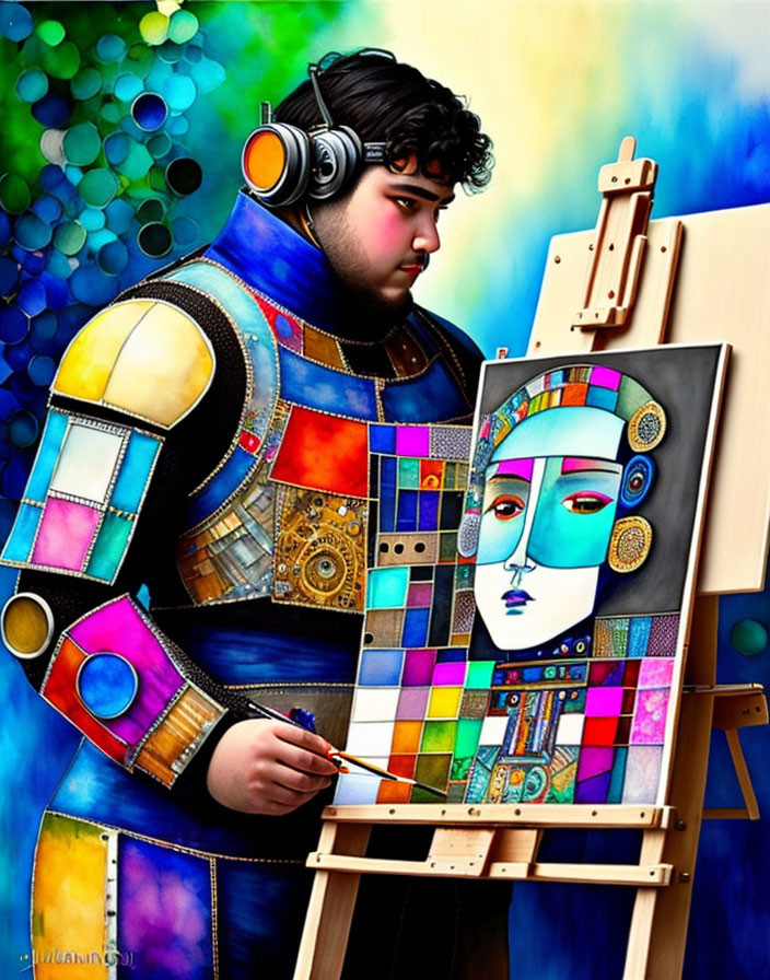 Colorful digital artwork: Individual in vibrant armor-like outfit painting abstract portrait