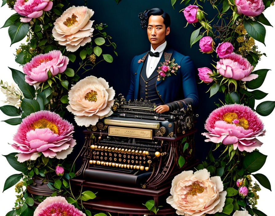 Man emerging from typewriter with pink peonies on dark background