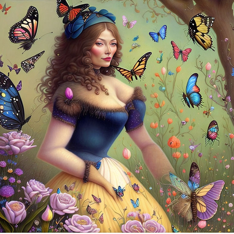 Woman in Vintage Blue Dress Surrounded by Butterflies and Flowers