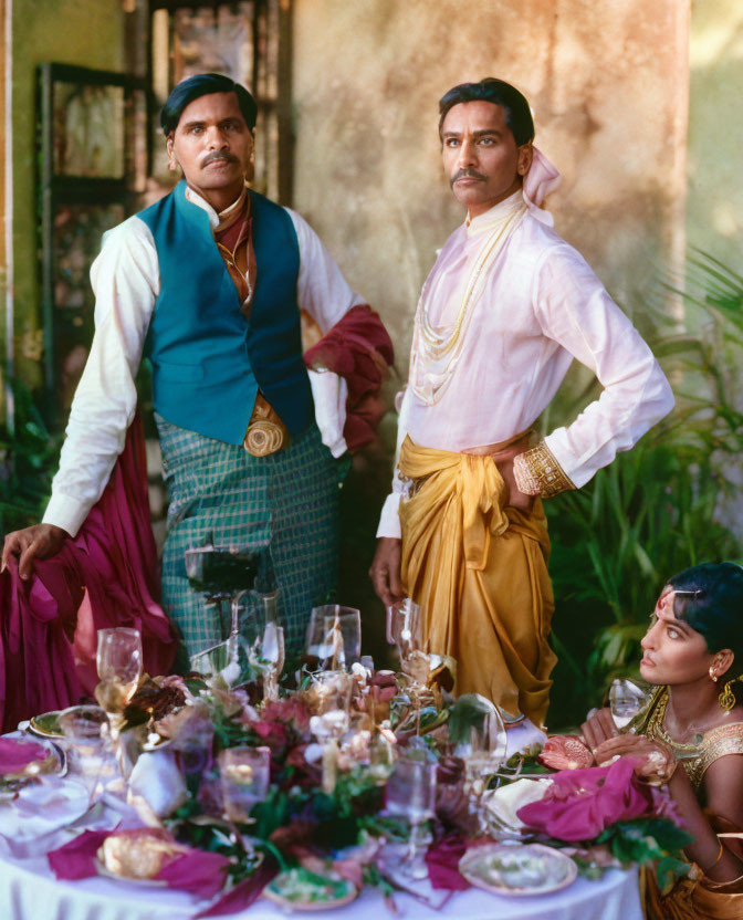 Traditional Indian Attire Posed Individuals at Elegant Dining Table