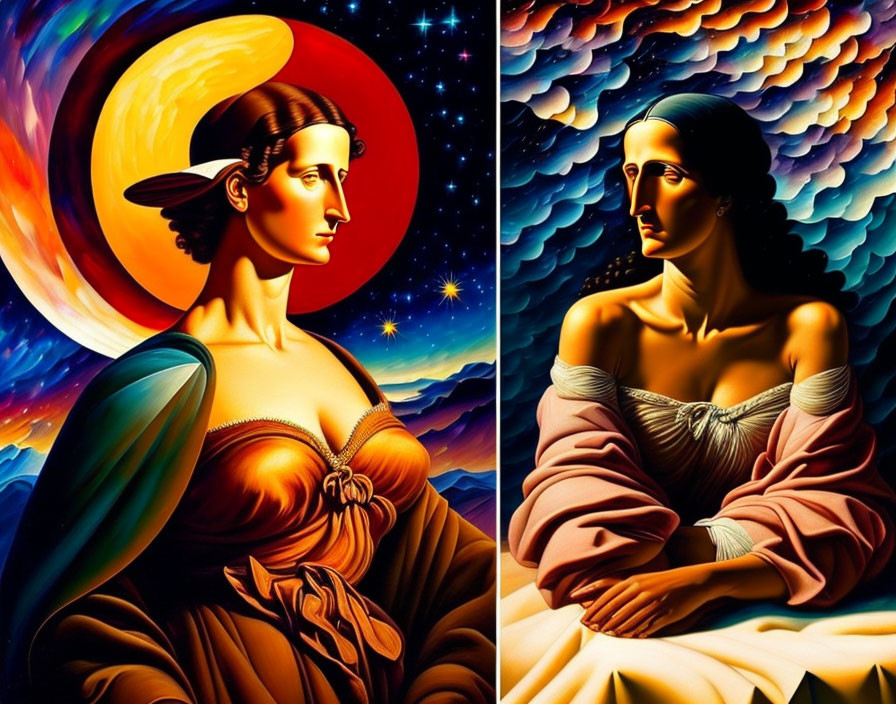 Vibrant surreal art: Stylized portraits of women with crescent moon and wave pattern backgrounds