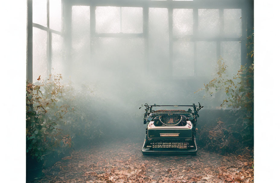 Abandoned typewriter in misty, overgrown room