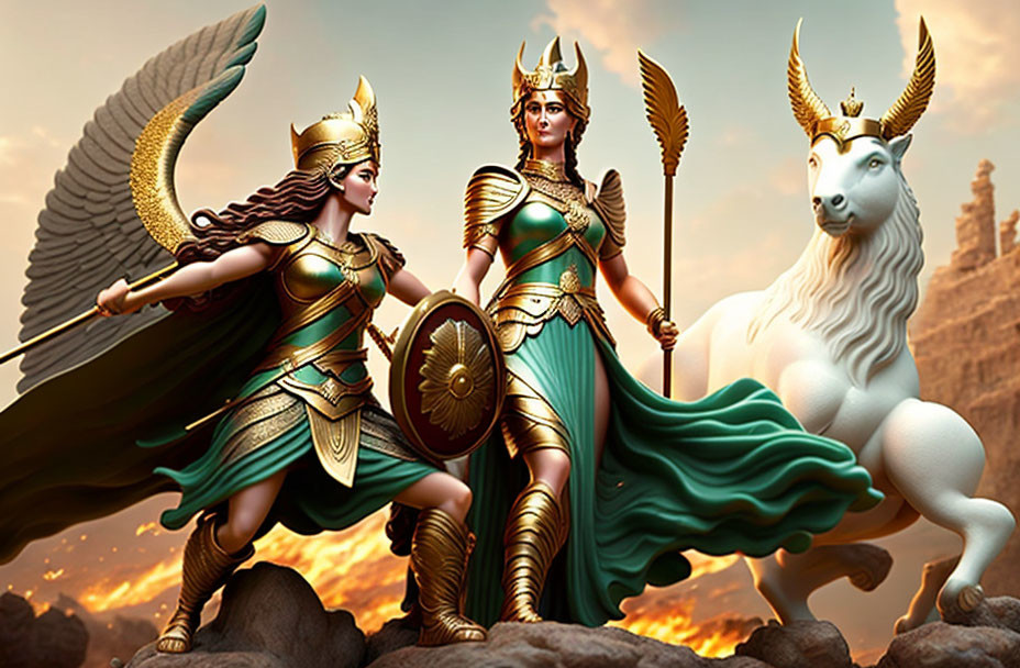 Female warriors in ornate armor with winged unicorn in mythical scene