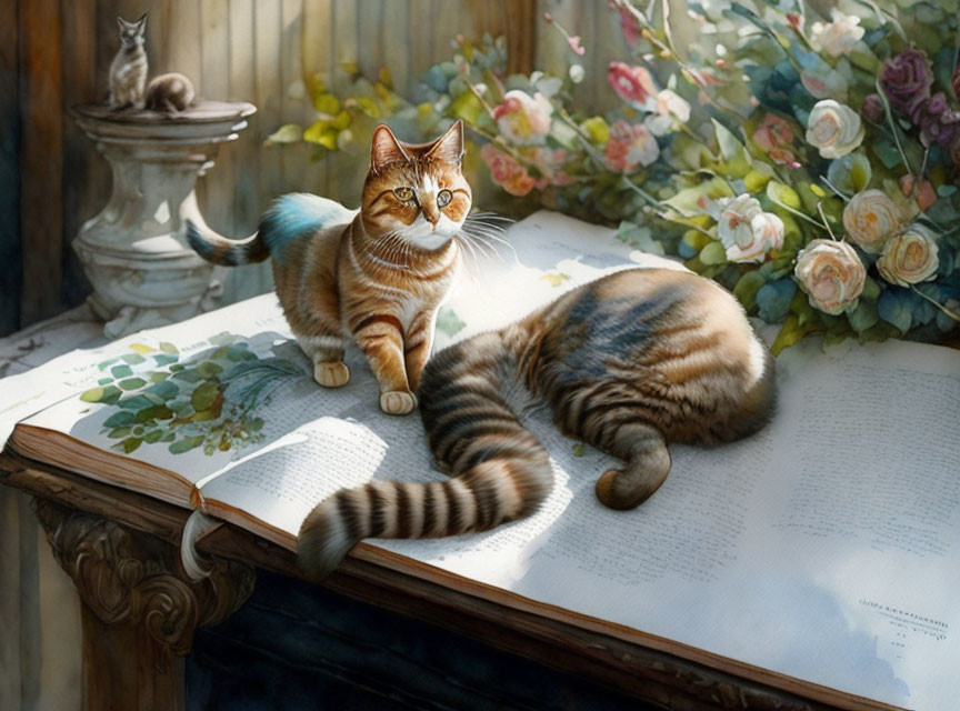 Two cats with floral illustrations on an open book and window ledge.