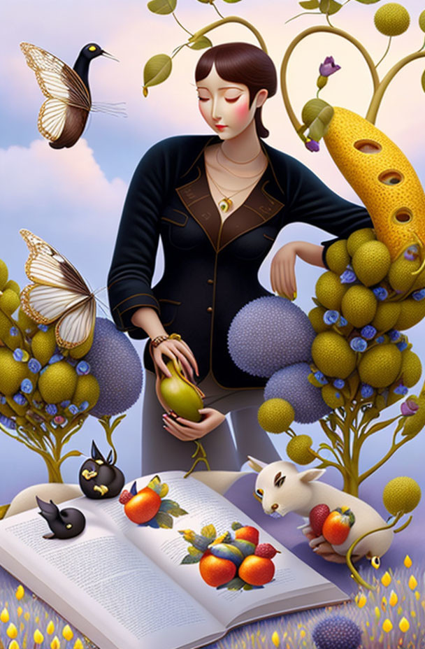 Woman in dark dress surrounded by fantastical flora, fauna, fruits, and creatures