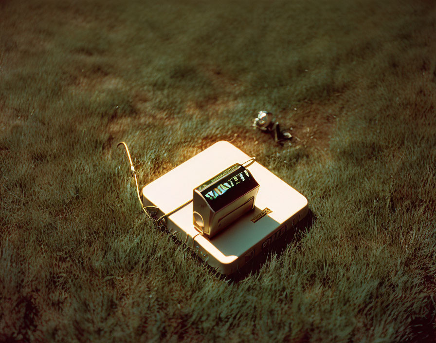 Book "NAUSEA" on white briefcase with eyeglasses and camera in sunlight