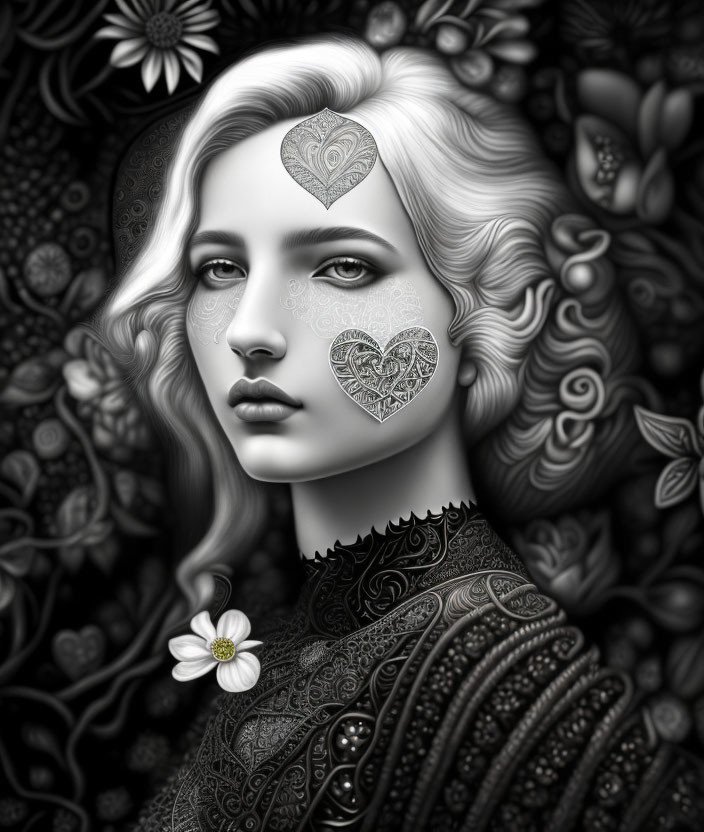 Monochromatic image of woman with heart-shaped designs and floral patterns, holding white flower