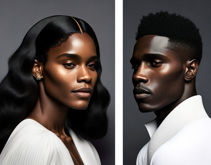 Elegant models with sleek hair and high-top fade in stylish attire on grey backdrop