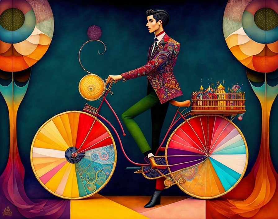 Colorful Illustration: Man on Ornate Bicycle with Miniature Carousel