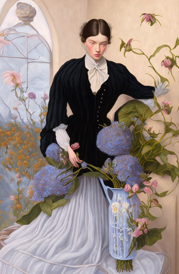 Woman in black jacket and white dress with flower, vase, and floral backdrop.