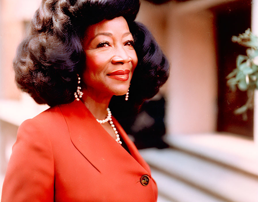 Portrait of a woman with voluminous black hair in vibrant red outfit