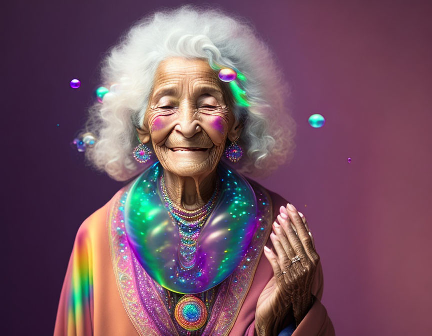 Colorful Attire Elderly Woman with Floating Bubbles on Purple Background