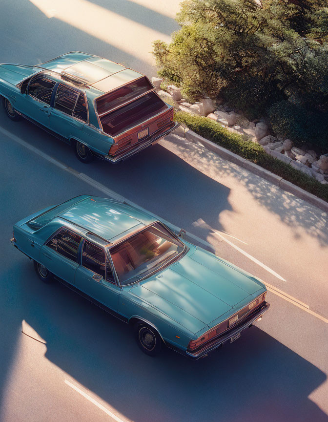 Vintage Blue Cars Driving on Sunlit Road Amid Lush Green Trees