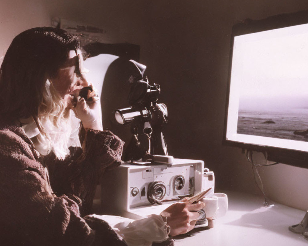 Person in Beret Viewing Landscape on Camera Monitor