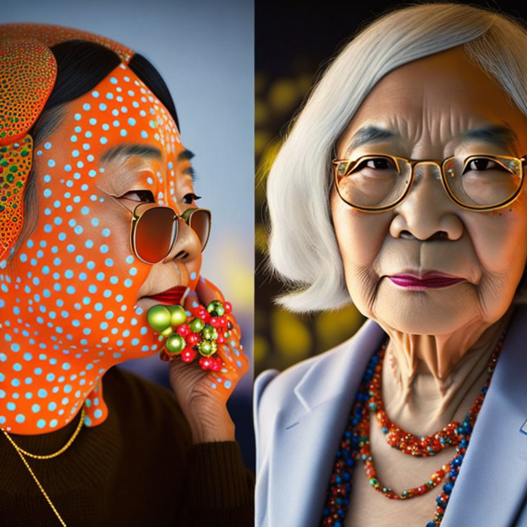 Elderly women with colorful style and bold accessories