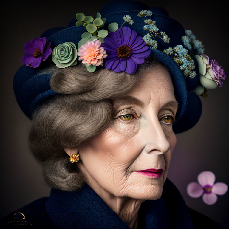 Elderly woman in blue hat with floral design on dark background