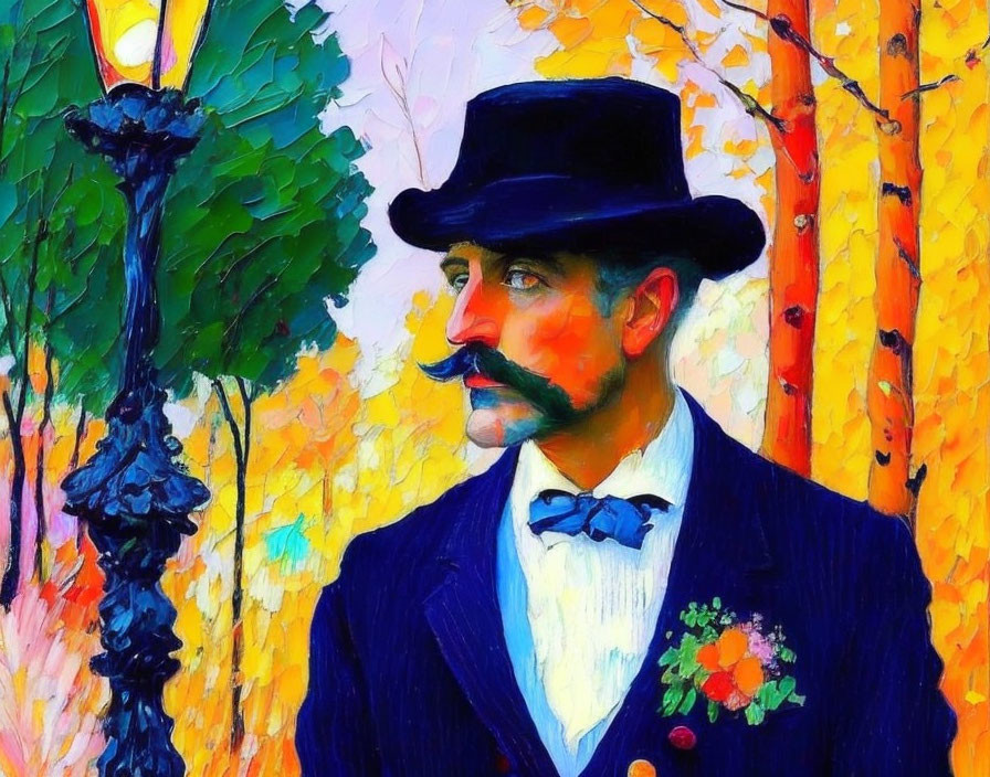 Vibrant portrait of man in black suit with blue bowtie, standing by lamp post amidst autumn