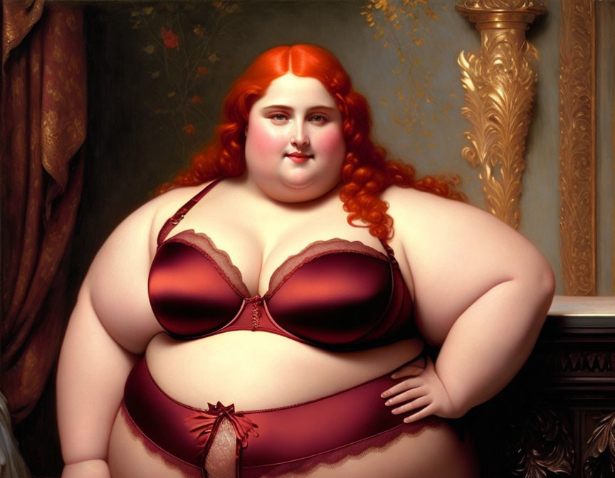 Voluptuous woman in maroon lingerie poses confidently against classical backdrop