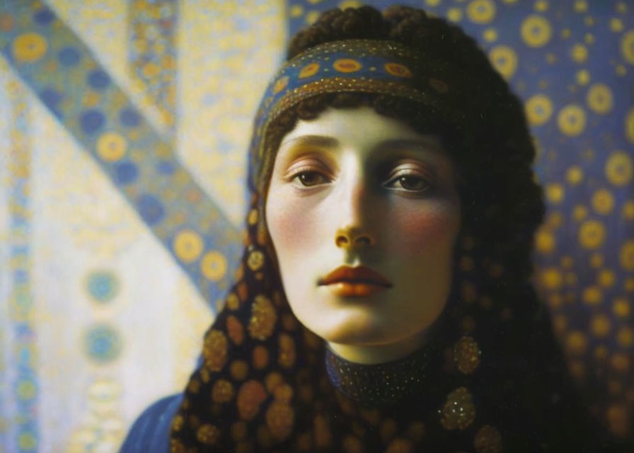 Classical painting close-up: Woman with blue and gold dotted headscarf on patterned background