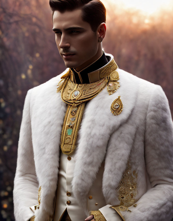 Luxurious White Fur Coat with Golden Embroidery and Medallions