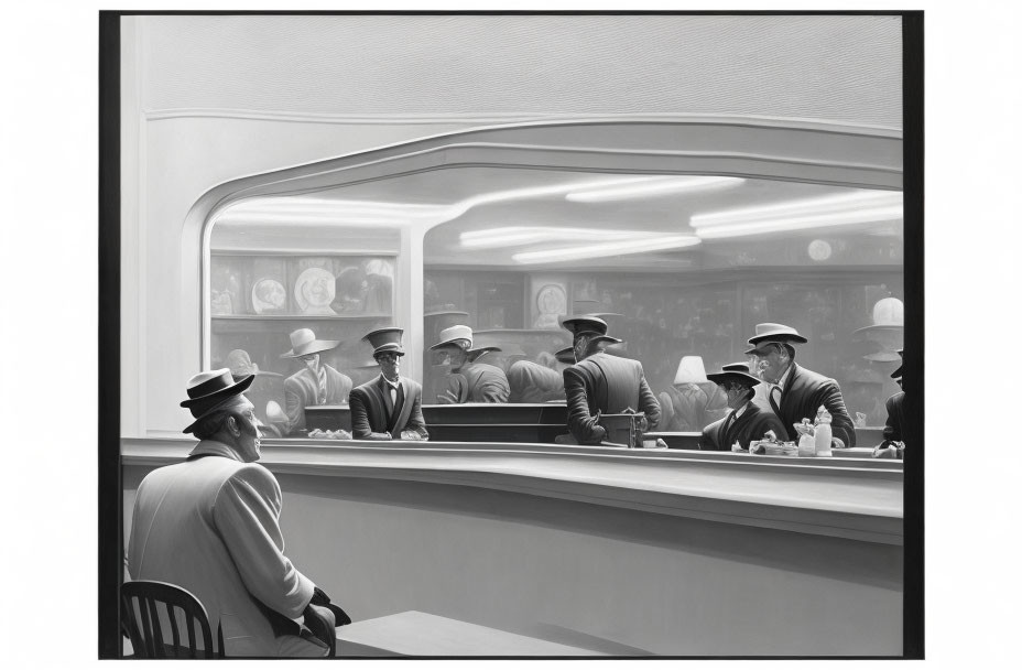 Monochromatic image of man at diner counter with mirrored reflections