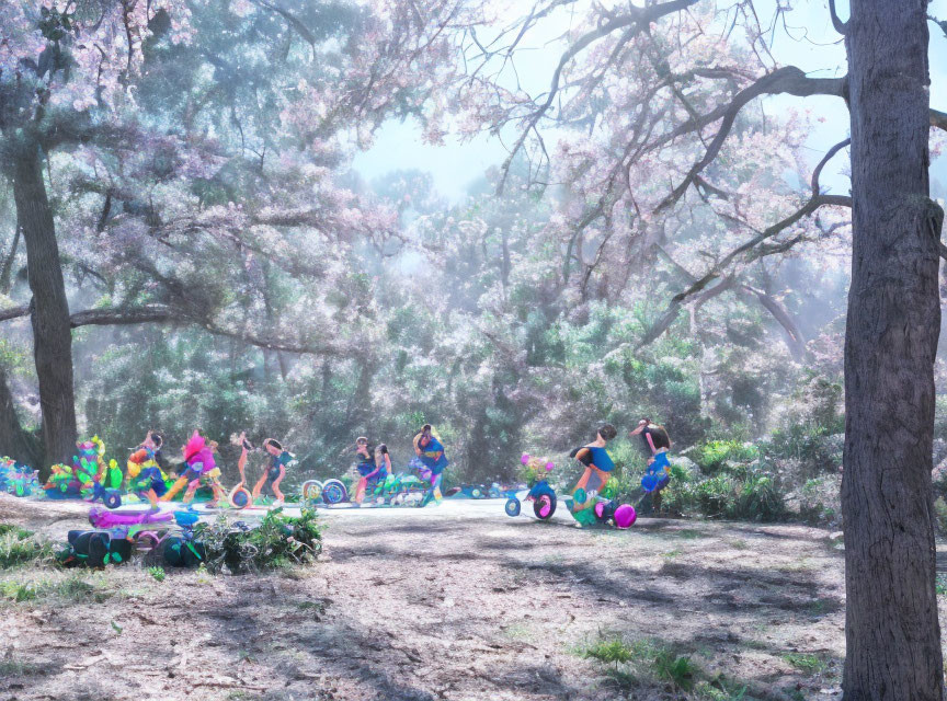 Children riding colorful bikes and scooters under cherry blossoms in a park