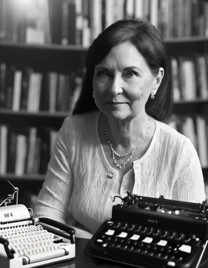 Dark-Haired Elderly Woman Smiling by Vintage Typewriter in Monochrome Shot