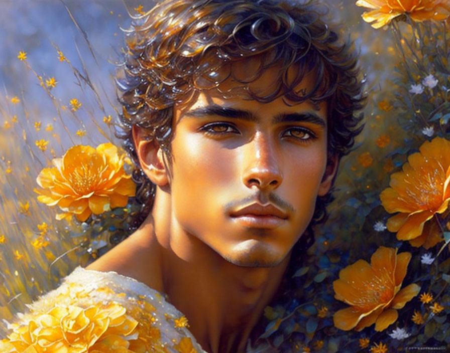 Young man with curly hair surrounded by vibrant yellow flowers in ethereal glow.