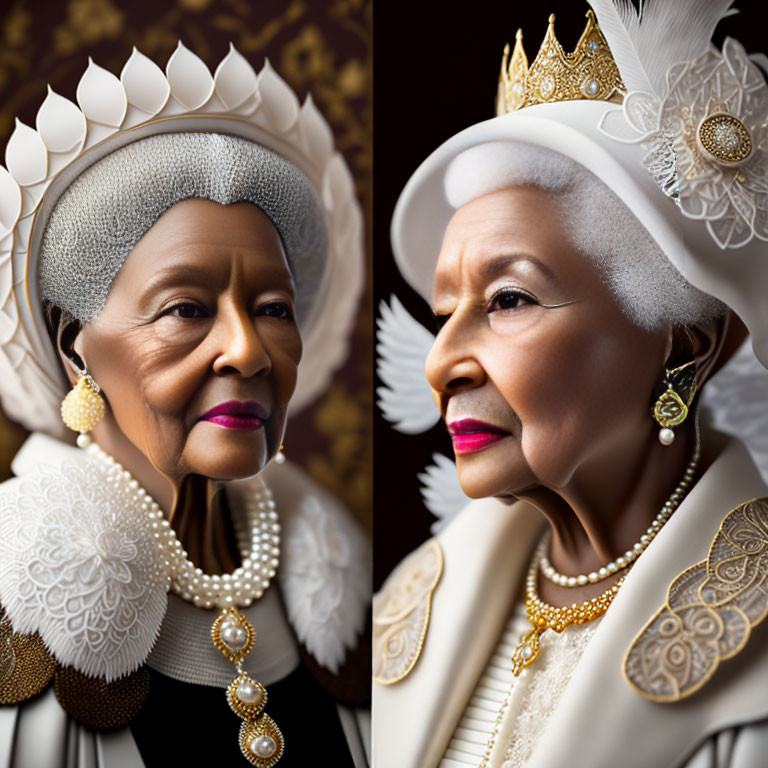 Regal figure in white and gold portraits with elaborate headdresses