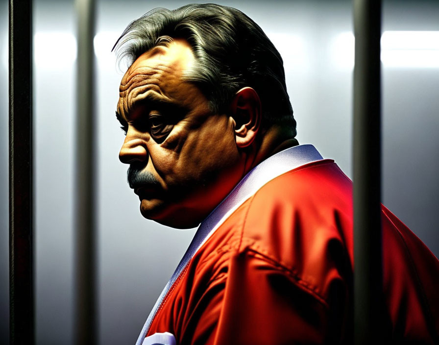 Man with Mustache in Red Jacket Behind Bars in Moody Lighting