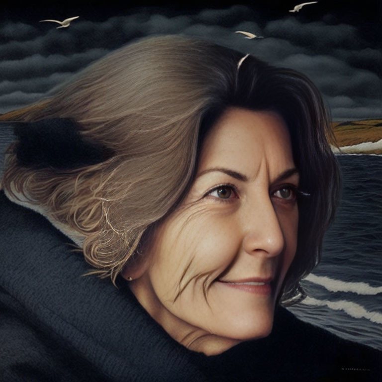 Smiling woman with short hair merged with dark seascape background