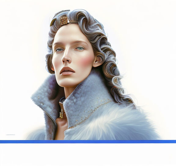 Stylized portrait of a woman with blue-grey hair and fur-lined coat