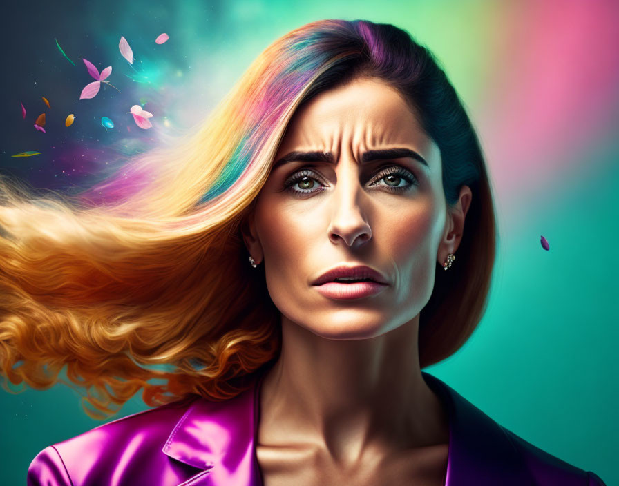 Colorful Woman with Flowing Hair and Butterflies on Vibrant Background