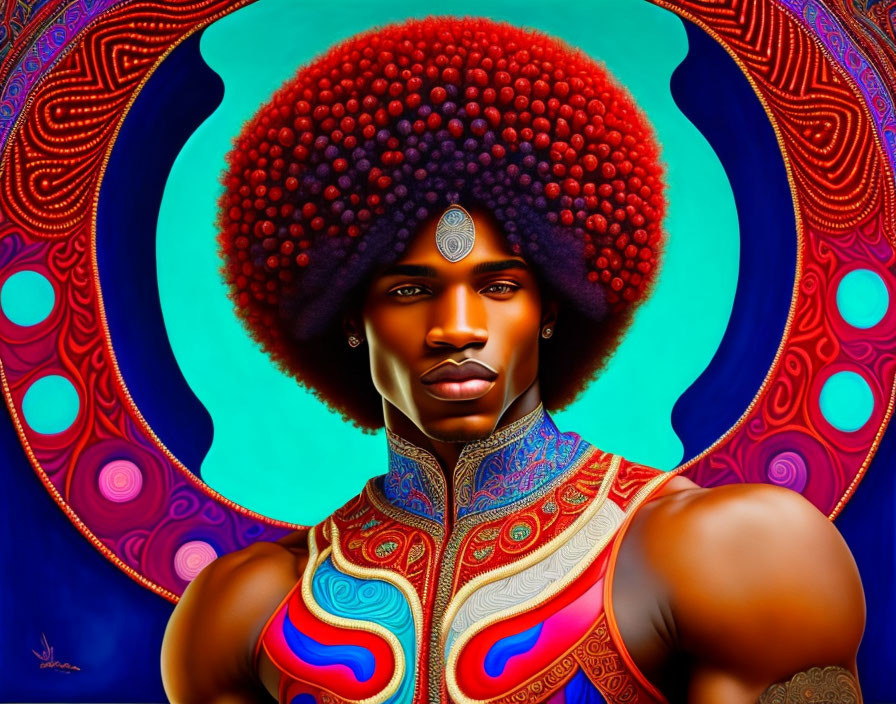 Colorful digital artwork of a stylized man with afro in intricate patterns on blue background