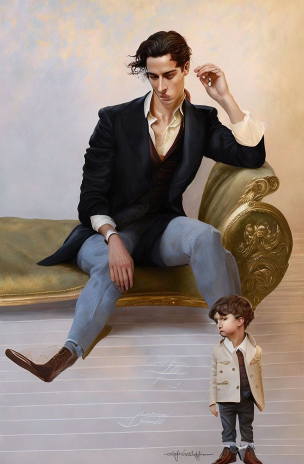 Man in Suit Contemplating Miniature Self in Similar Attire