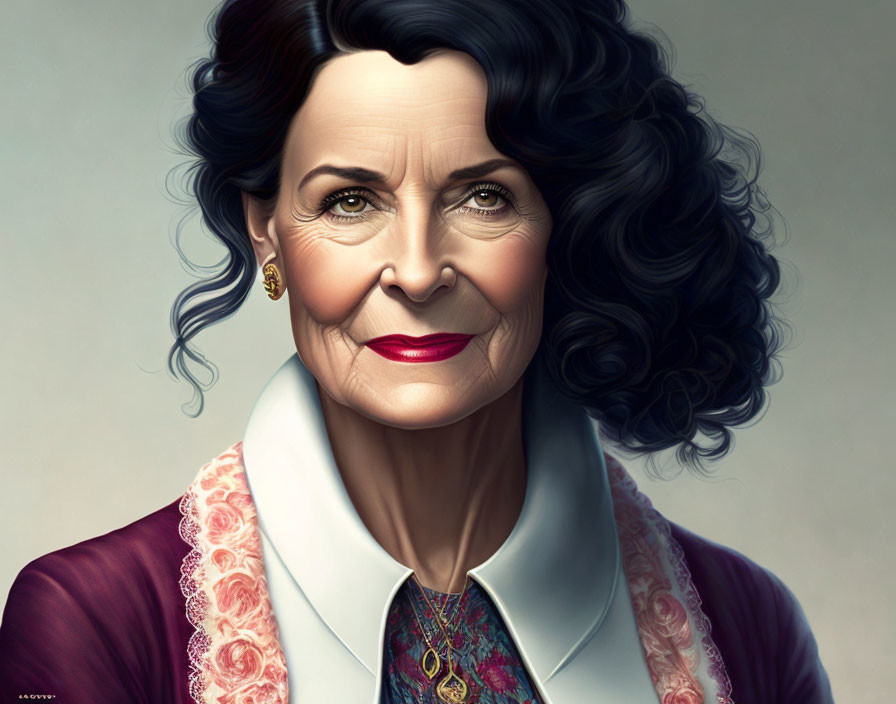 Elderly woman portrait with curly hair, earrings, burgundy outfit, lace collar