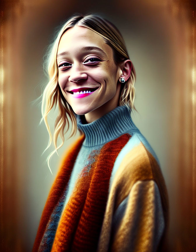 Blonde Woman Smiling in Blue Turtleneck and Striped Coat