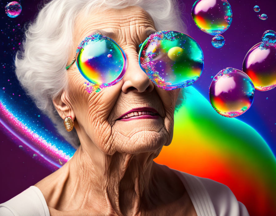 Elderly lady with glasses and vibrant soap bubbles on colorful background