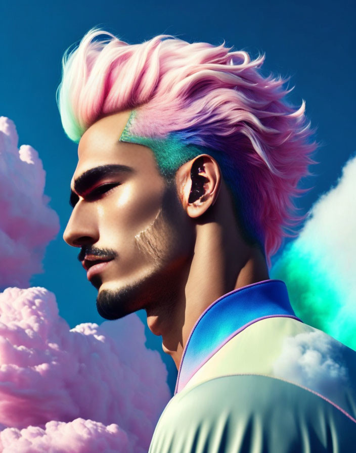 Colorful portrait of a man with pastel hair against vibrant sky.