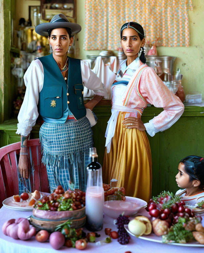 Traditional Attired Women with Fruits on Vintage Decor Table