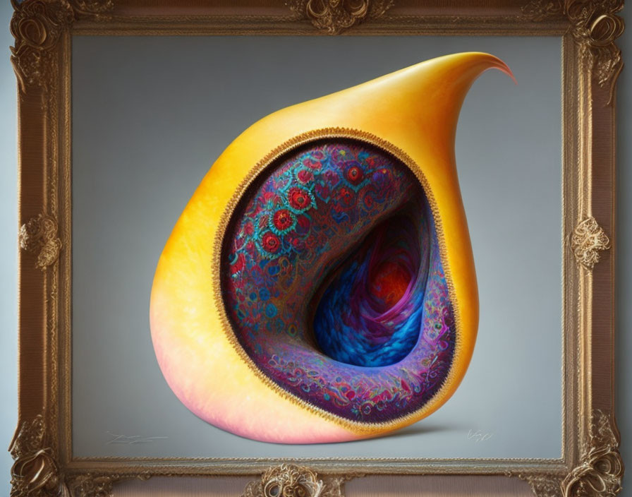 Abstract painting of horn-shaped object in ornate frame - vibrant yellow exterior, intricate colorful pattern.