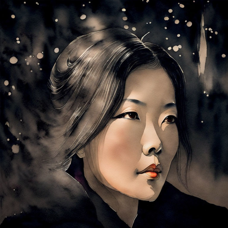 Asian woman portrait with dark hair and red lips in watercolor.