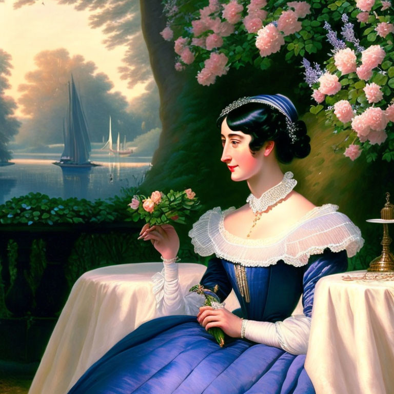 Portrait of elegant woman in blue dress with flower, by water with sailboat.